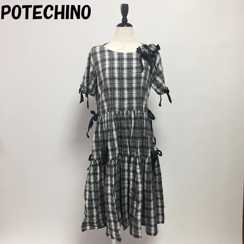 【人気】POTECHINO/ポテチーノ チェック柄 半袖ワンピース 花飾り リボン レースアップ ブラック レディース/S84