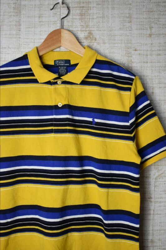 ☆US古着 POLO Ralph Lauren ラルフローレン ポロシャツ ボーダー ポニーロゴ イエロー×ブルー紺 BOYS【XL(18-20)】鹿の子　　　◆2344◆