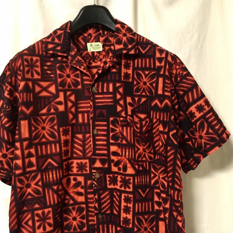 【50s ハワイ製 Hawaiiana コットン アロハシャツ】ビンテージ 古銭ボタン 袋襟 40s メニュー柄 カハナモク レーヨン シルク