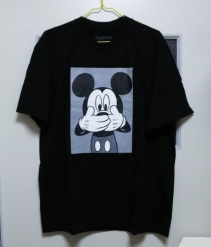 Superior スペリオール Tシャツ 半袖 黒 口をふさぐ ミッキー MICKEY 28 前後プリント XL・身幅約58.5cm※USED品/2～3度使用/2015年製品