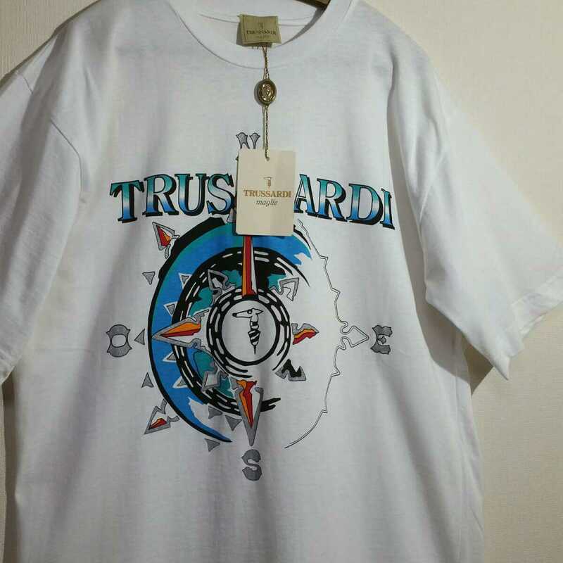 [素晴らしい色使い 銀ラメプリント] 80s 90s デッドストック イタリア製 TRUSSARDI ホワイト Tシャツ XL トラサルディ ヴィンテージ 新品