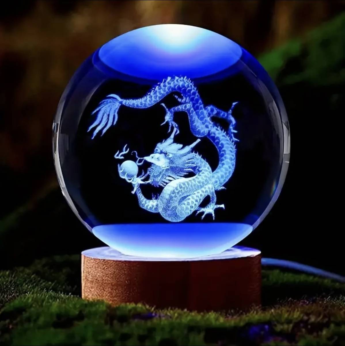 6cm 龍球 開運干支 クリスタル製 ３Dレーザー彫刻 ドラゴンボール LEDライト台付 吉祥龍 辰 タツ 竜 招福 幸運 縁起物 風水 置物