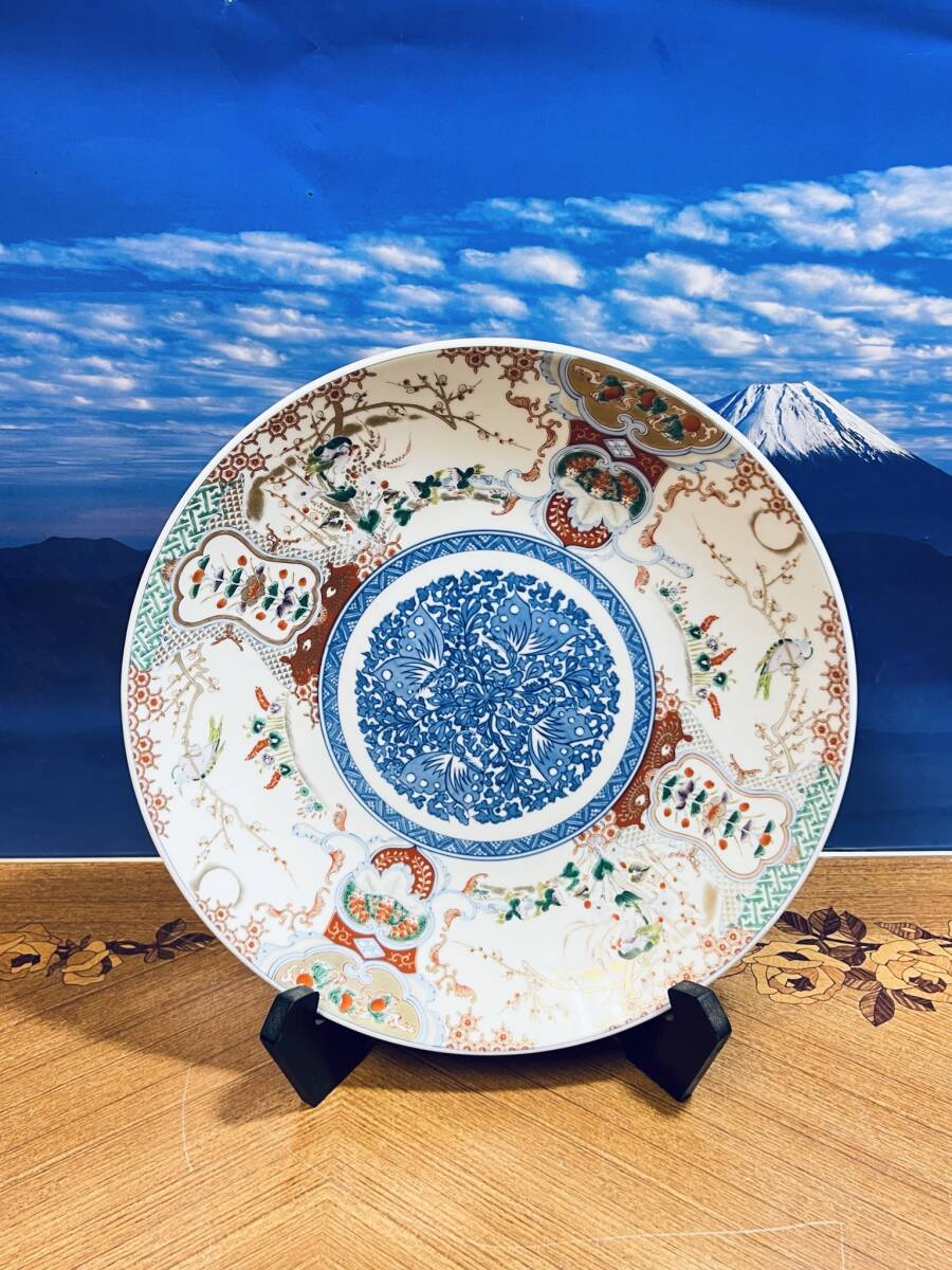 日本陶芸 ブランド品 たち吉 橘吉 花鳥飾り皿 31cm 春帆楼 在銘 食器 盛皿 大皿 オブジェ 盛鉢 大鉢 菓子鉢 陶器 陶磁器 磁器 ふぐ刺し