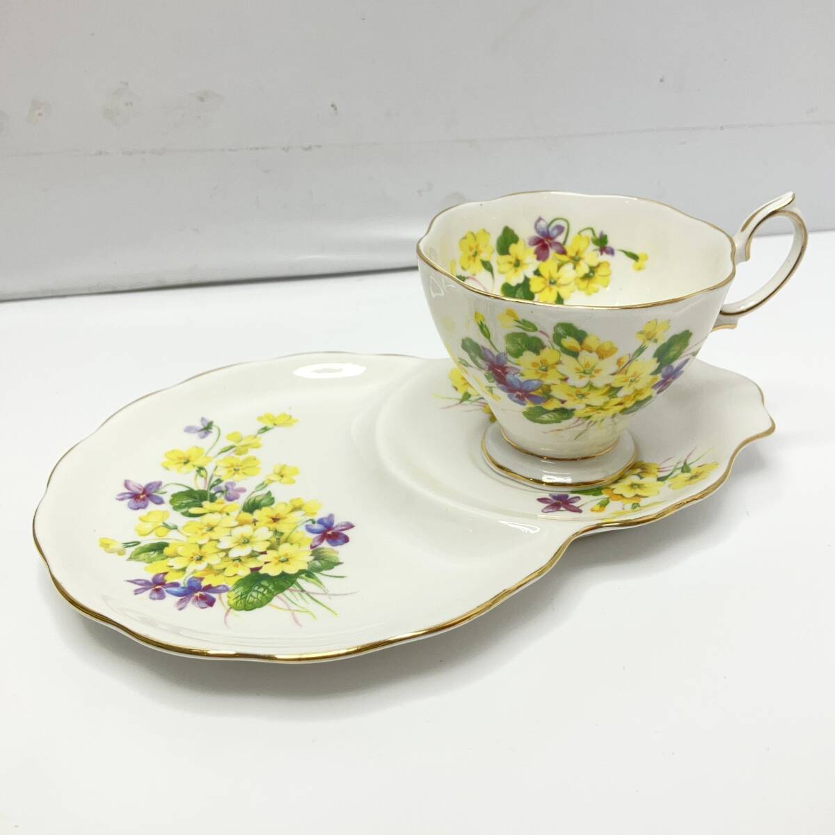 (志)ROYAL ALBERT/ロイヤルアルバート スナックセット テニスセット カップ＆ソーサー プリムローズ 花柄 金彩 英国 アンティーク(I)0619H