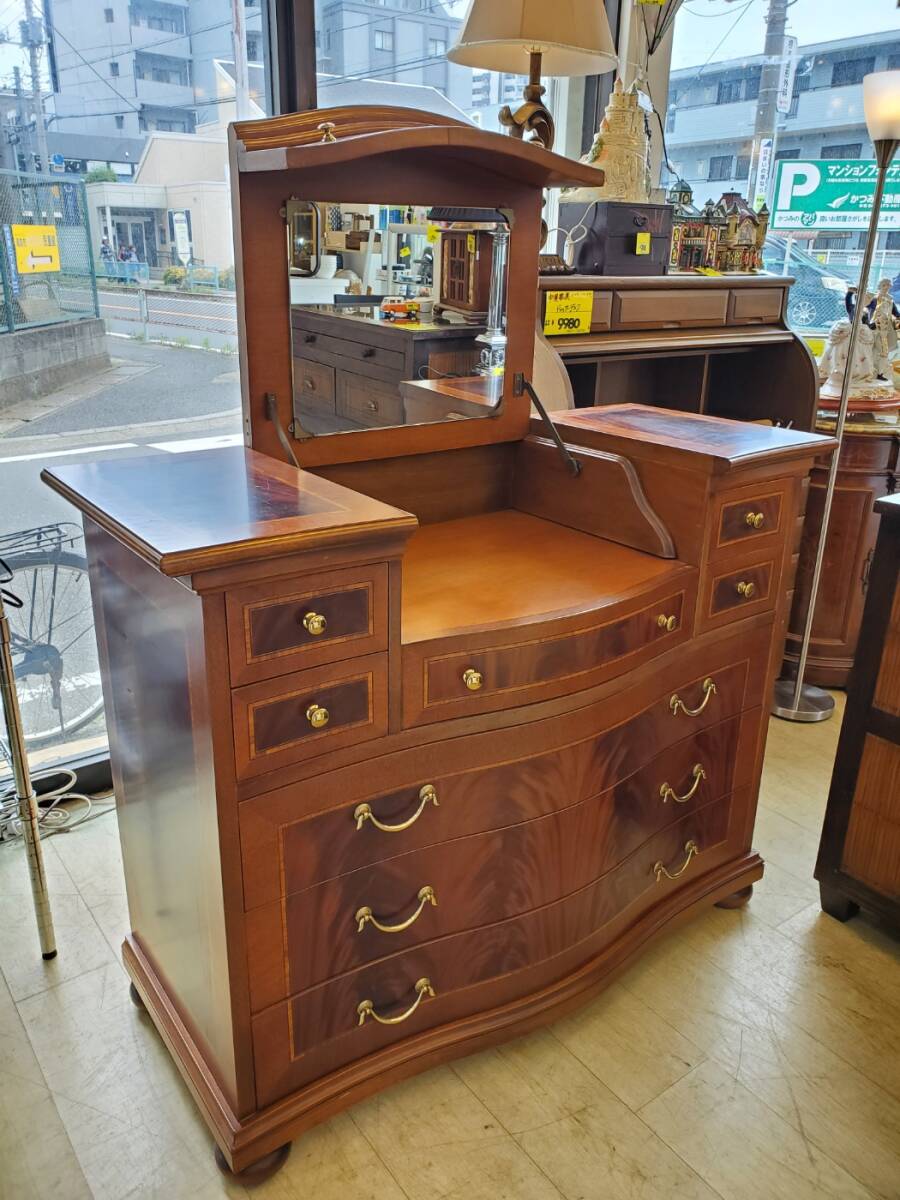 アンティーク ドレッシングチェスト ドレッサー 引出し7杯 木製 丸脚 ワイド 検) 象嵌 イタリア ITALY 英国 ロココ ロイズ アンティークス