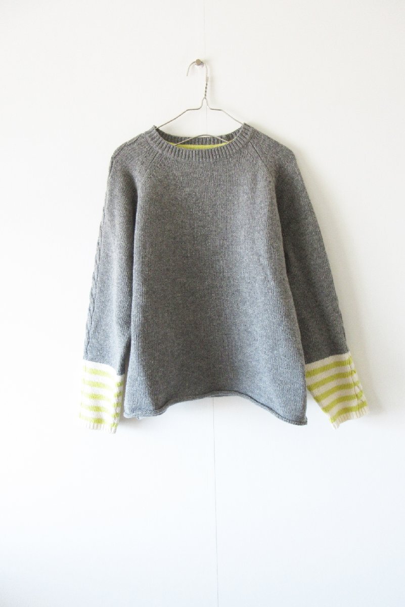美品 NATURAL LAUNDRY / ナチュラルランドリー 7244K-004 ラムケーブルラグラン袖ボーダー プルオーバー 2 GRAY×YELLOW / セーター