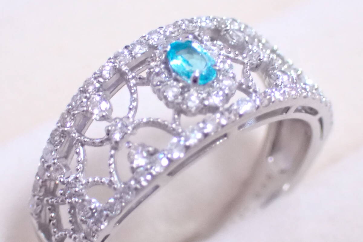 パライバトルマリン　0.094ct　指輪　ダイヤ0.56ct　15.5号