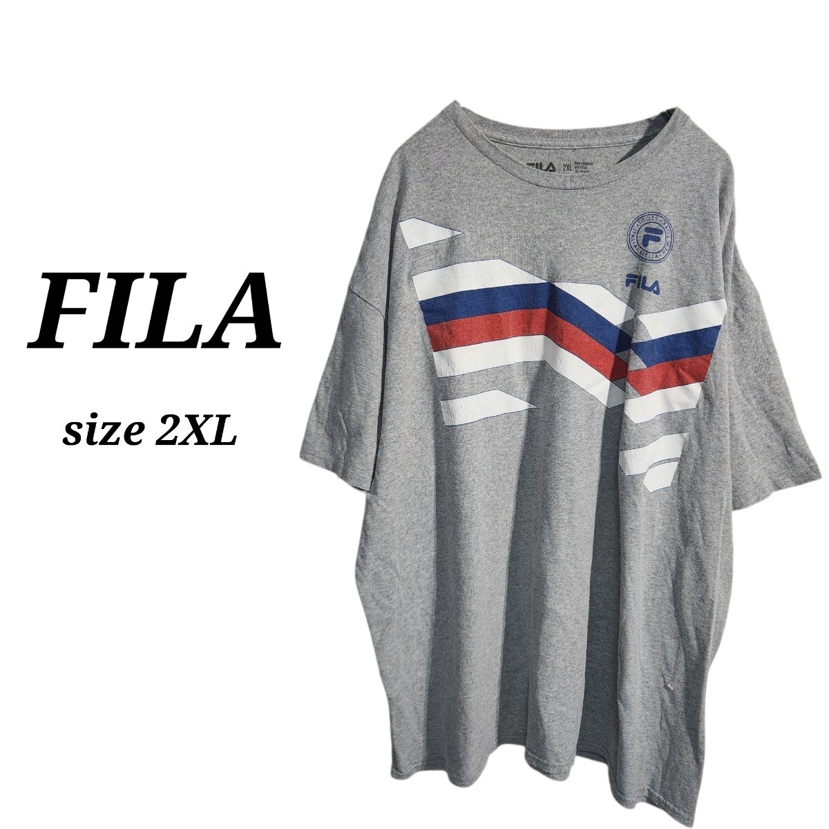 FILA フィラ ショートスリーブ プリントTシャツ 半袖 灰 霜降り メンズ 2XL 大きめ オーバーサイズ ビッグシルエット 90s