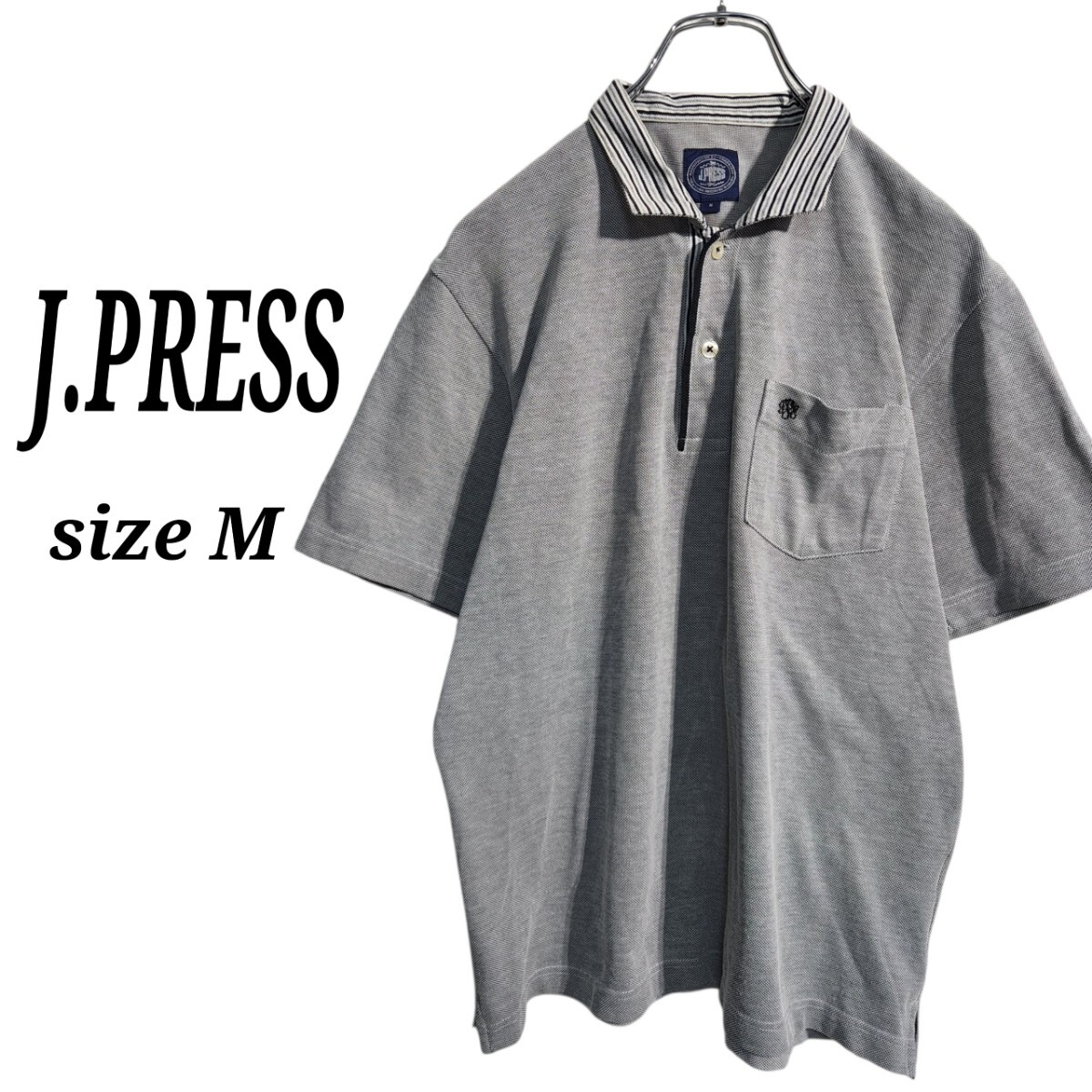 J.PRESS ジェイプレス ショートスリーブ 鹿の子ポロシャツ 半袖 刺繍ワンポイントロゴ 灰 メンズM オーバーサイズ ビッグシルエット 90s