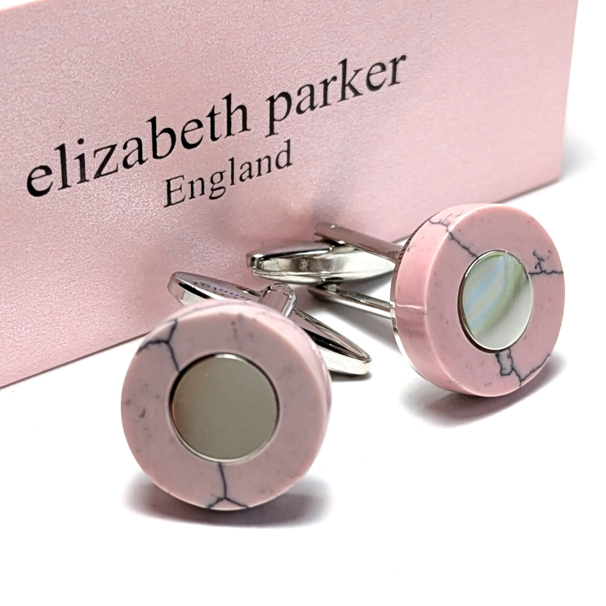 【epc143】ELIZABETH PARKER　エリザベスパーカー　カフス　カフリンクス　シルバー×ピンク　大理石柄　ラウンド　ミラータイプ　