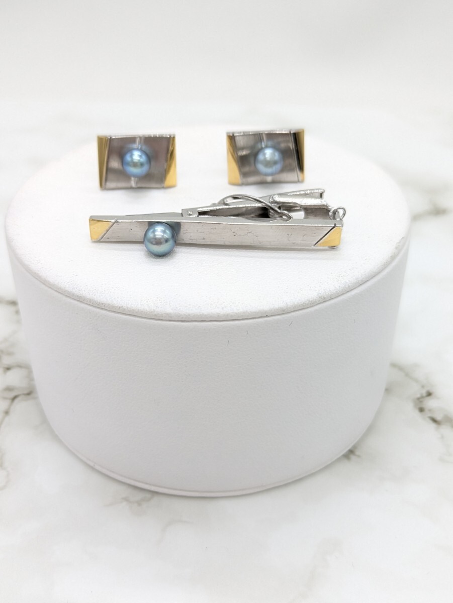 あこや本真珠　黒真珠　デザインカフス&ネクタイピンセット　お祝い　イベント　SILVER刻印あり　田中真珠　田中真珠