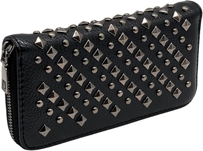 [APOSITV] スタッズ 財布 レディース ブラック ファスナー カード入れ 長財布 鋲 シボ 0620