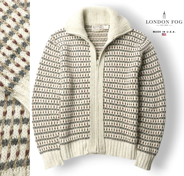 90s ヴィンテージ！美品 LonDon FOG ロンドンフォグ アメリカ製 肉厚 ローゲージニット フルジップ ニットブルゾン ベージュ XL