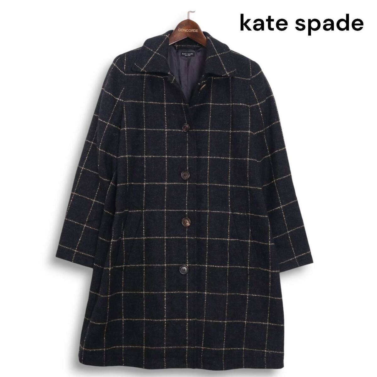 kate spade ケイトスペード 秋冬★ ウール チェック シングル コート Sz.1 レディース ダークグレー 日本製