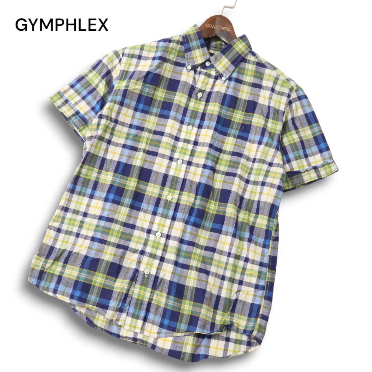 GYMPHLEX ジムフレックス 春夏 ロゴ刺繍★ 半袖 ボタンダウン チェック シャツ Sz.M メンズ 日本製