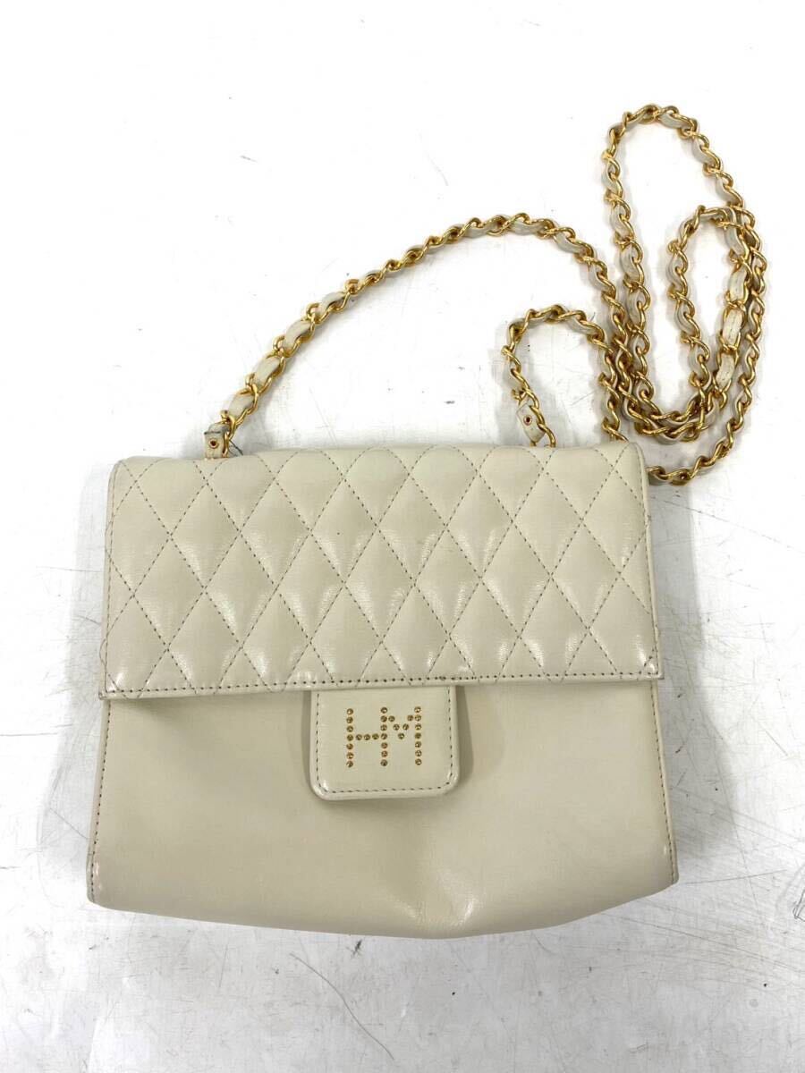 HANAE MORI ハナエモリ レザー チェーン 斜め掛け ショルダーバッグ 白 ホワイト ゴールド金具 レディース ㏄082006
