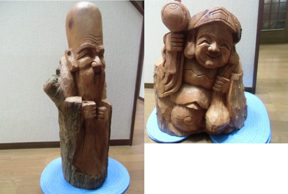 □引き取り希望 大黒天 福禄寿 置物 木彫 仏像 七福神 金運 笑門来福 夫婦円満 縁起物 仏教美術 【大型】