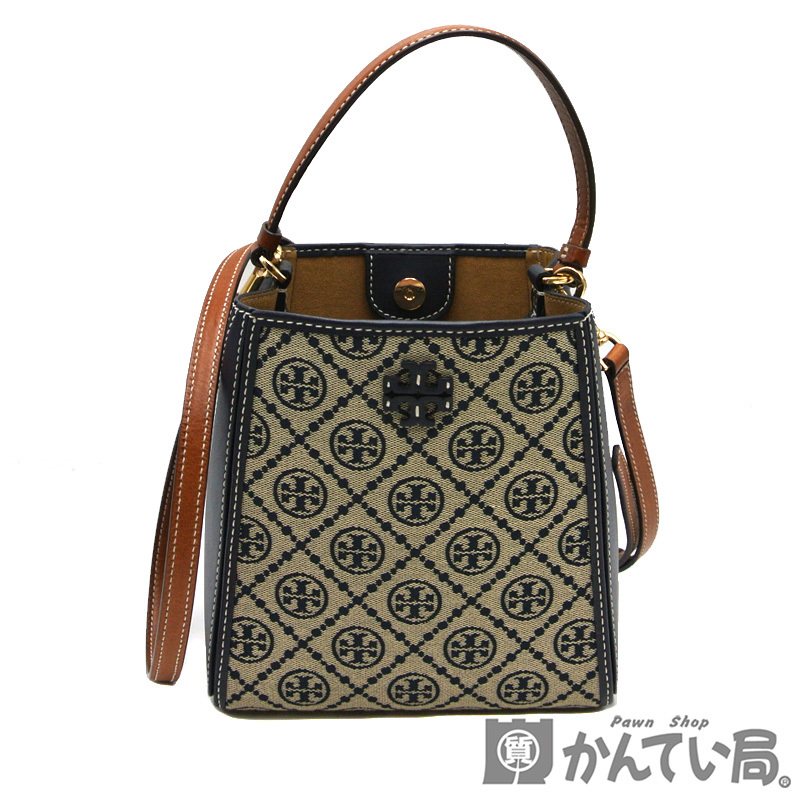 22397 TORY BURCH【トリーバーチ】マックグロー Tモノグラム スモール バケットバッグ 2WAYバッグ ネイビー レディース【中古】USED-AB