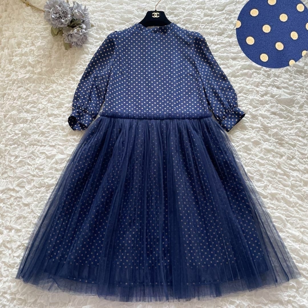 CAROLINA GLASER/カロリナグレイサー　定価¥17,600　ドット×チュールプリーツワンピース　ネイビー　水玉　ビームス取扱い　結婚式 二次会