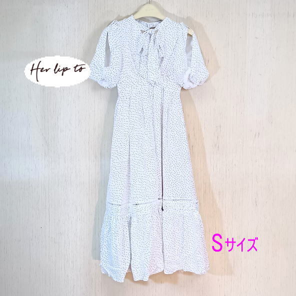 【タグ付き】Polka-Dot Open Shoulder Dress　半袖　パフスリ－ブ　white　ワンピ－ス　Her lip to　Sサイズ