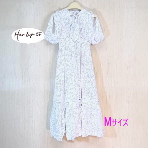 【タグ付き】Polka-Dot Open Shoulder Dress　半袖　パフスリ－ブ　white　ワンピ－ス　Her lip to