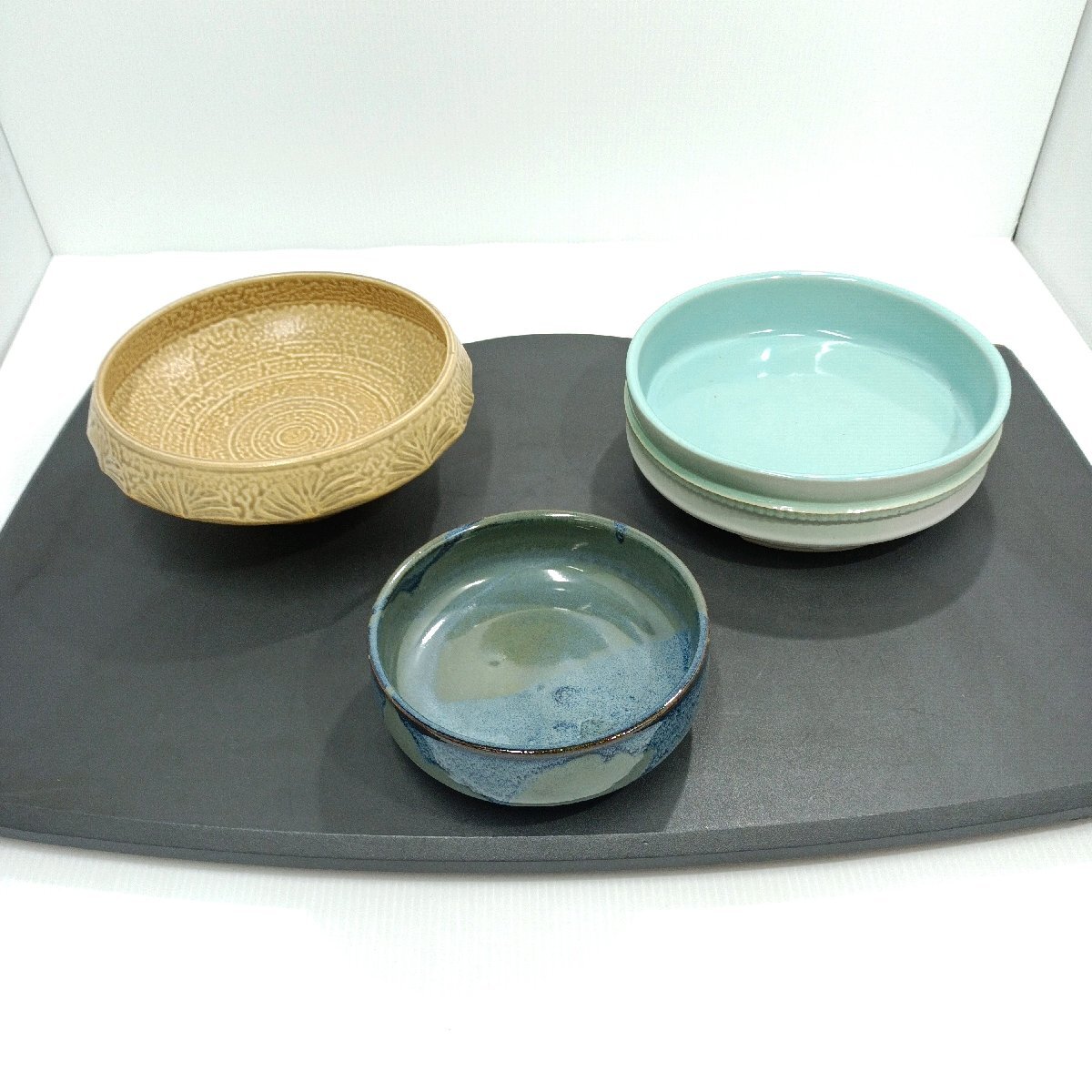 花器 丸型 水盤 足付 台付 生け花 ３点まとめ 幅約18～25㎝ 陶器製 華道具 花受け 花生け 花入れ こぶ志焼【道楽札幌】