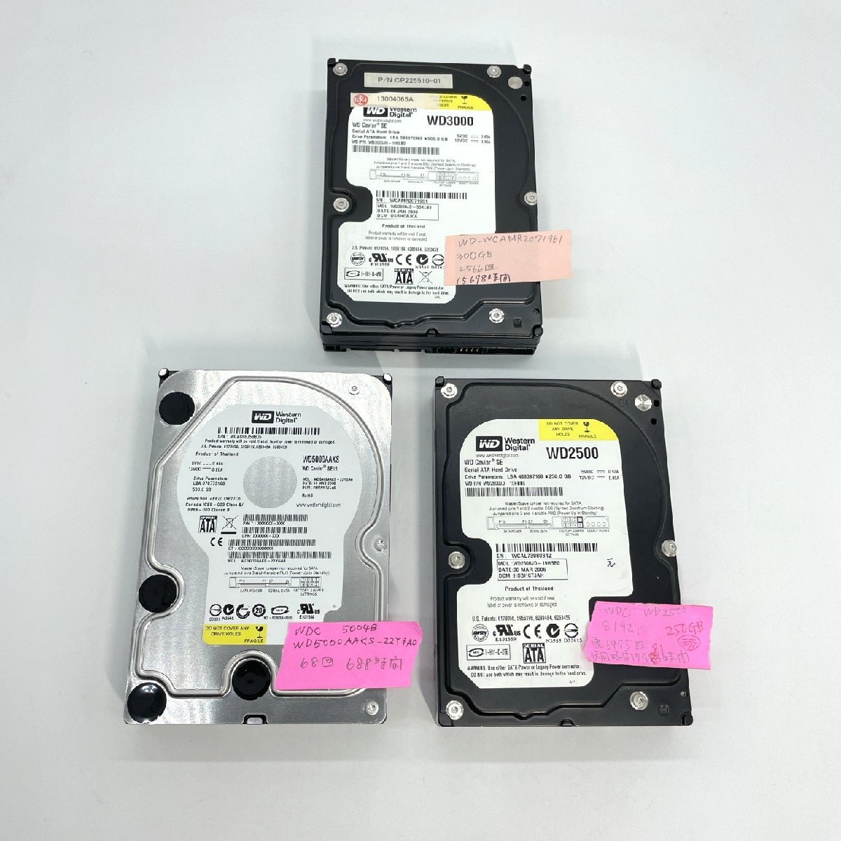 WD 内臓用HDDまとめ3台 SATA デスクトップ 250～500GB 3.5インチ データ消去済 初期化済 688～15698時間【道楽札幌】