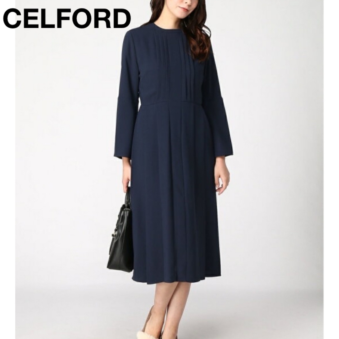 *セルフォード 上品 バックサテンプリーツワンピース ロング丈 フレア Aライン ネイビー 紺 38サイズ CELFORD フォーマルにも