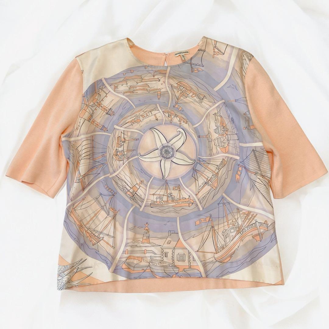 エルメス　スカーフ　カレ90 compagnons de mer 海の仲間達　HERMES マルジェラ期　シルク切り替え半袖ニットL〜XL ベージュピンク イ