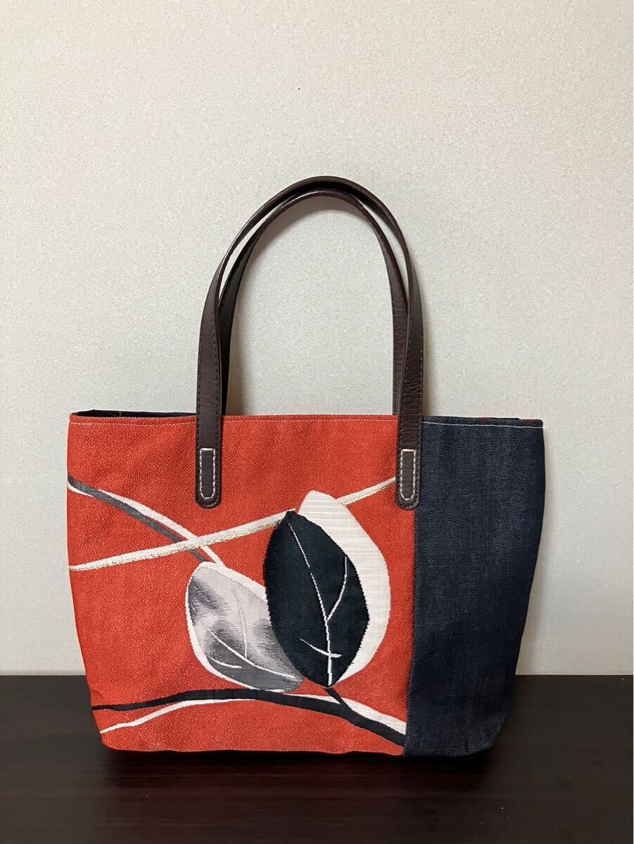 アンズルーム★ハンドメイド★帯×デニム★トートバッグ★ハンドバッグ★着物　帯リメイク★オレンジ　葉っぱ★A4