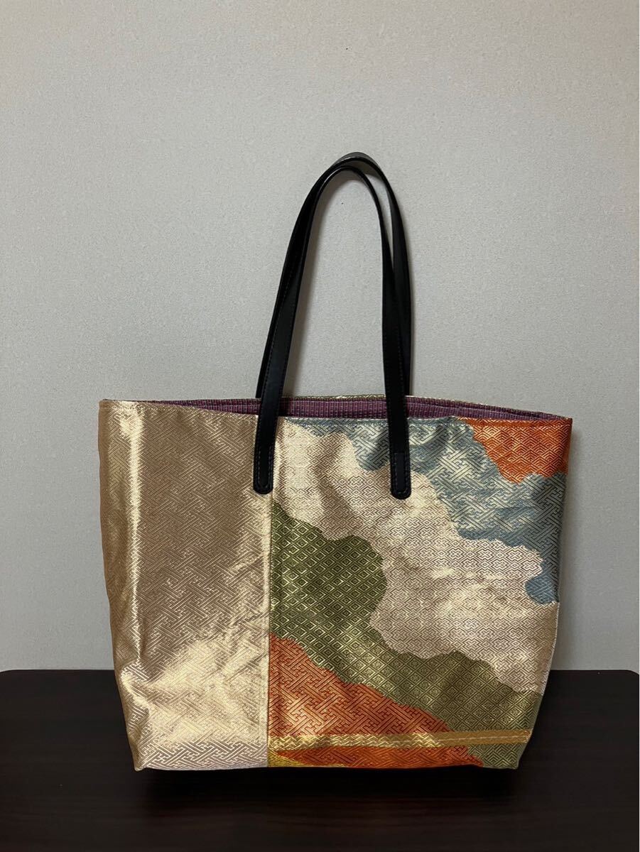 アンズルーム★ちょっと豪華な★着物×帯　リメイク★トートバッグ★ハンドバッグ★かばん★大容量　大きめ★ゴールド系カラフル