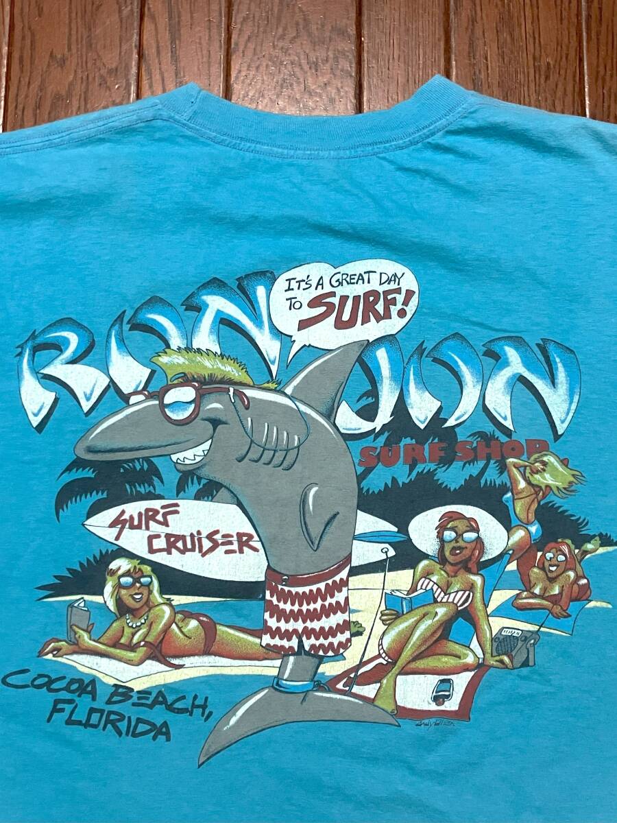 ロンジョン サーフ ショップ RONJON SURF SHOP アンビル 黒タグ ビンテージ Tシャツ XL 水色 ポケT サメ Shark Andy Olsen サーファー 70s