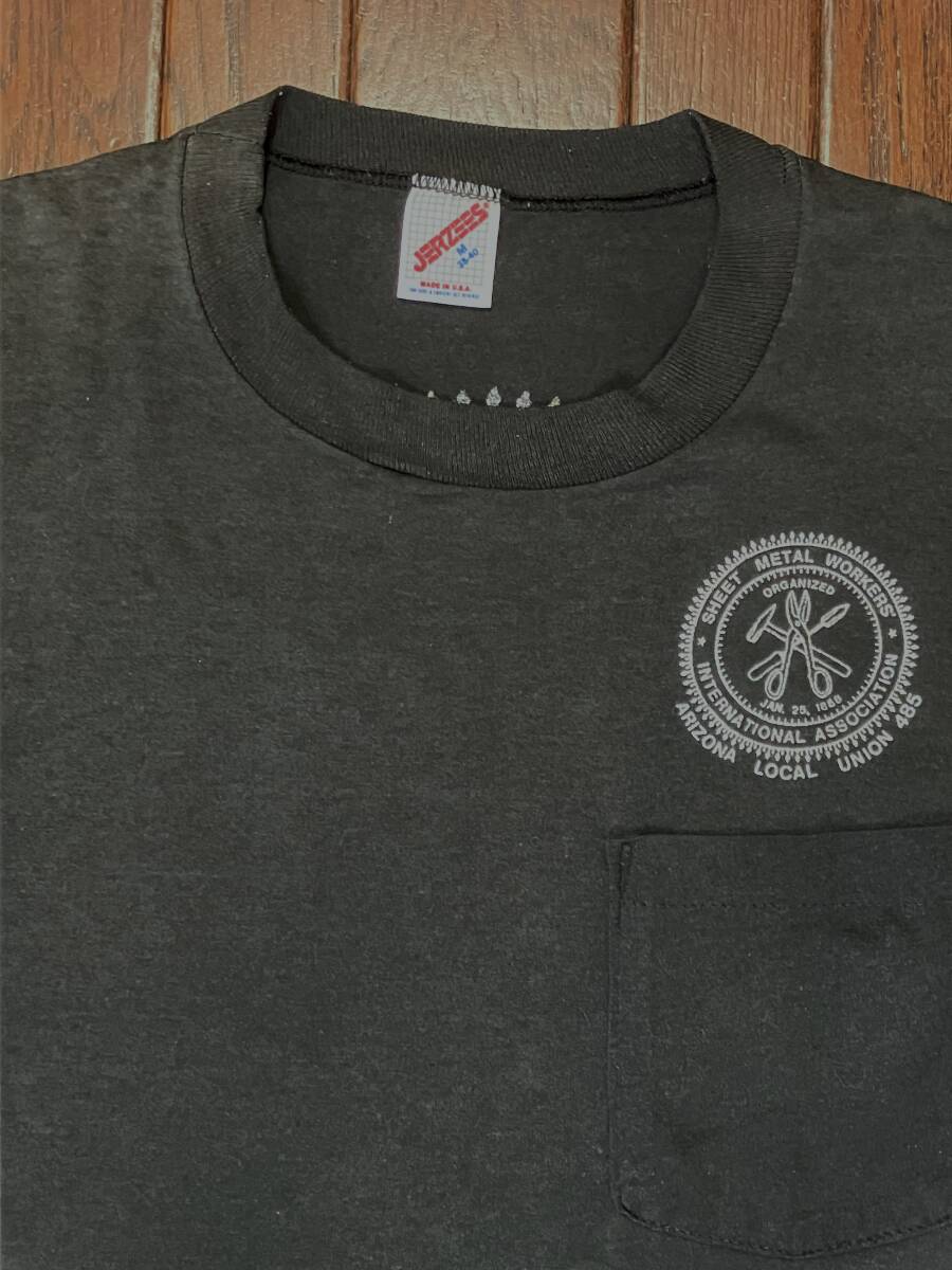 USA製 80s ビンテージ JERZEES ジャージーズ ポケット Tシャツ M 黒 ブラック 袖シングルステッチ ポケT 80年代 アメリカ製
