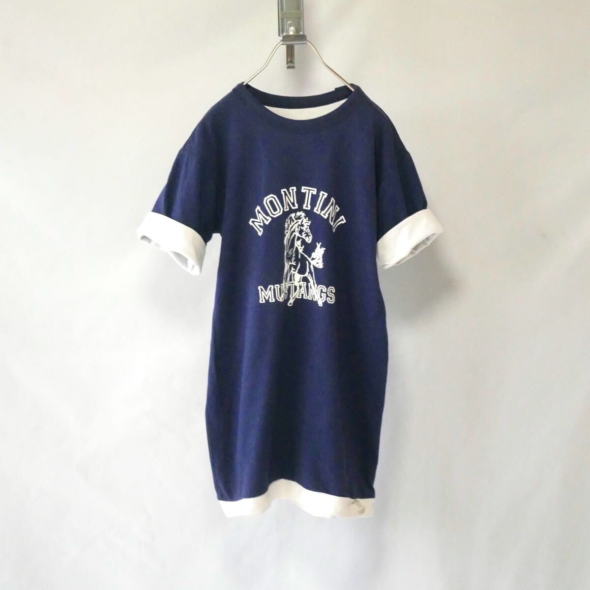 80s madein USA MONTINI MUSTANGS w face Tshirt 80年代　アメリカ製　ネイビー　白　ダブルフェイス　Tシャツ　 半袖Tシャツ　 ビンテージ