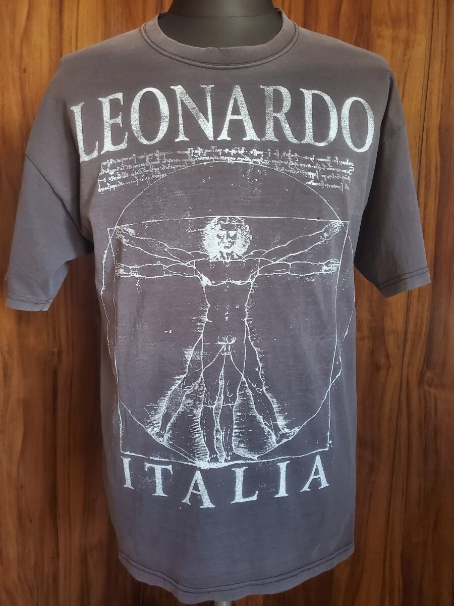 古着 LEONARDO DA VINCH レオナルド ダヴィンチ ウィトルウィウス的人体図 アート ヴィンテージ Tシャツ レア バンドT サイズL 黒 送料無料