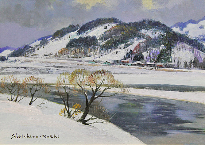 ■☆塗師祥一郎■ 日本芸術院 【雪後の川辺】 油彩 4号 直筆サイン 真作保証有り