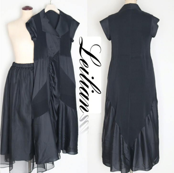 新品【Leilian レリアン】伸びる生地 フレンチスリーブワンピース シフォンスカート 黒 9 v7163