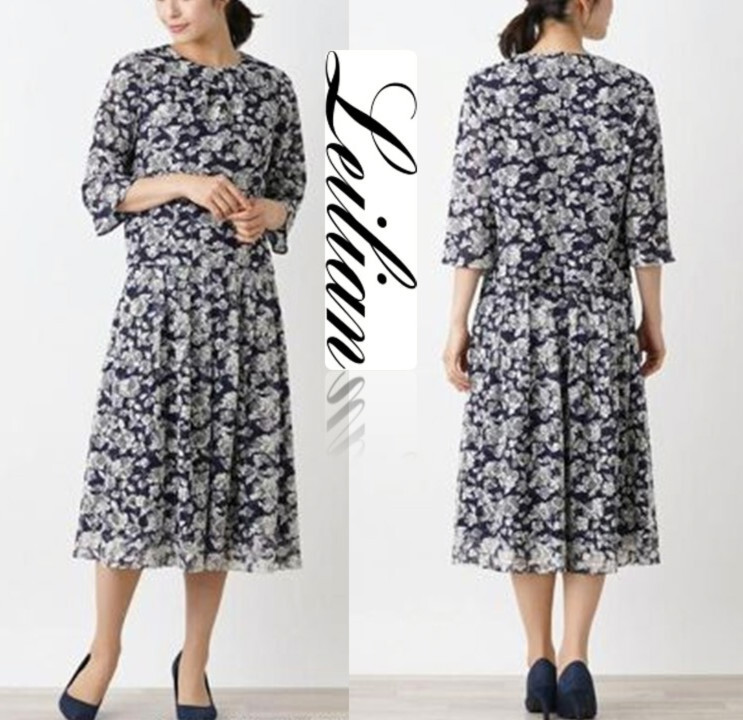 新品【Leilian レリアン】繊細フラワーレース セットアップ スーツ 紺 9 ブラウス フレアスカート v7165