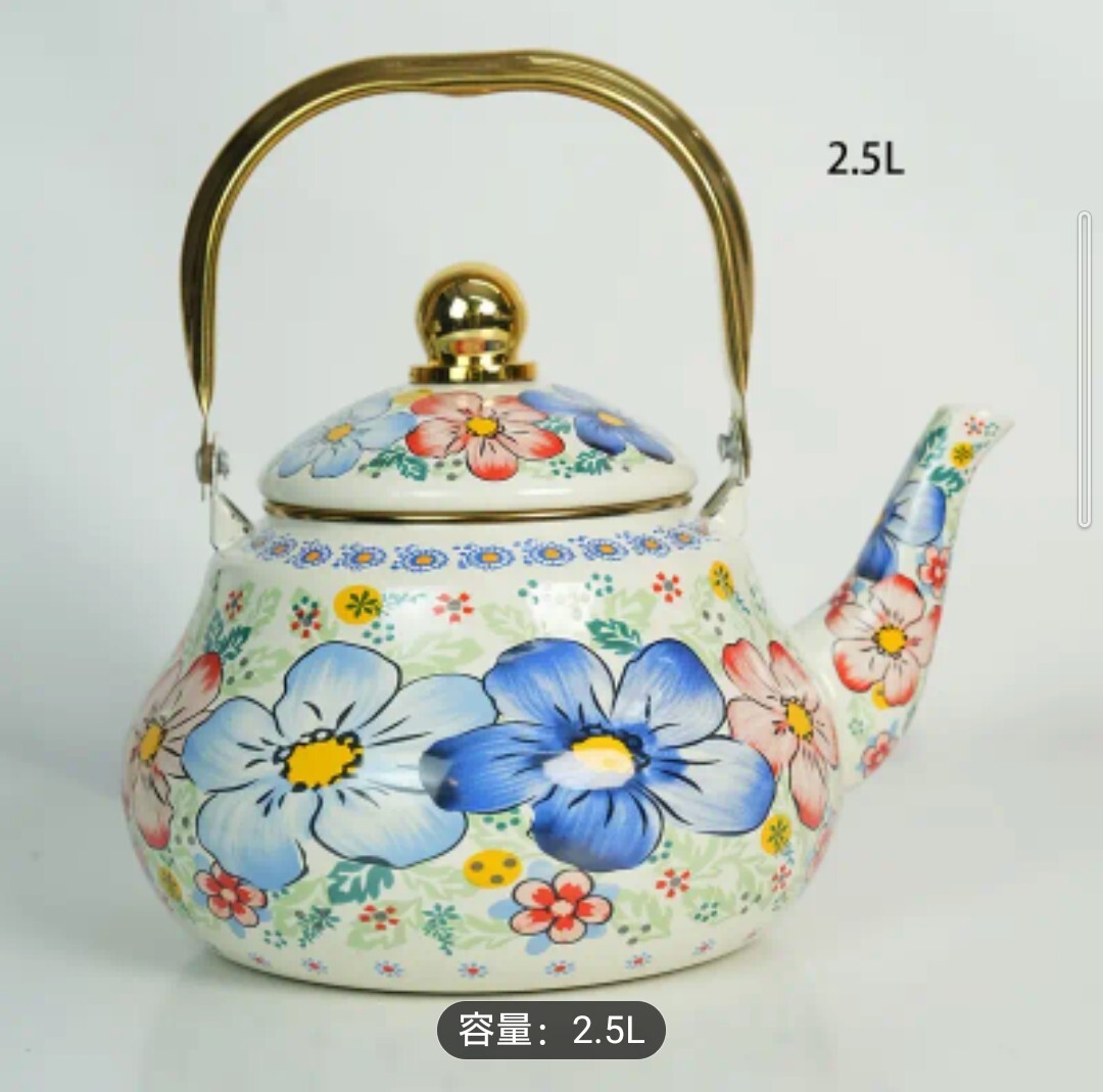 1300円OFF 2.5L　ヴィンテージフローラルエナメルケトル　高温耐性　ゴールデンハンドルの装飾ポット　花柄　レトロ　やかん　ヤカン