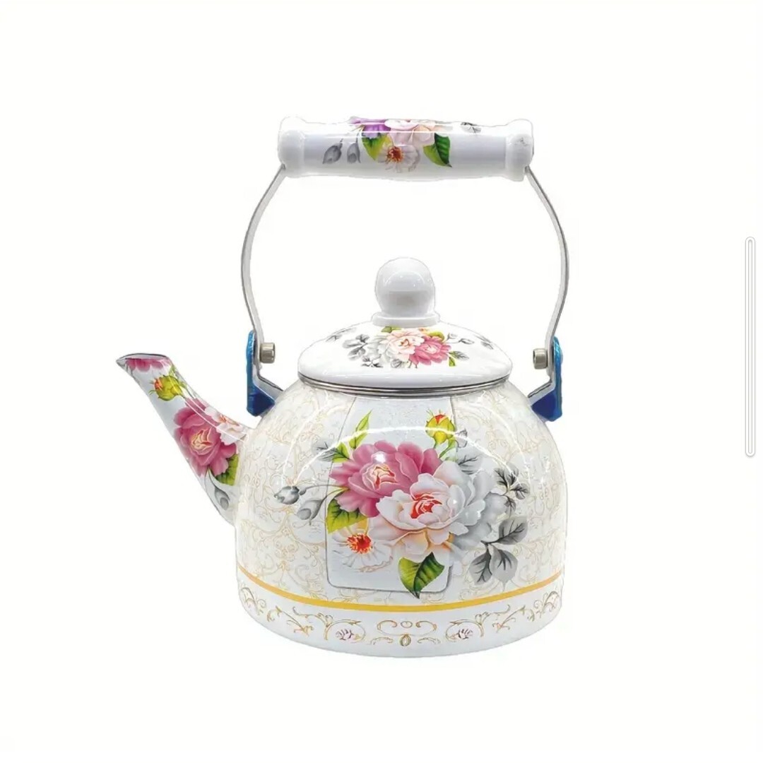 900円OFF 1.5L高級エナメルティーポット 厚手 エレガント 花柄 お茶 コーヒー ミルクティー　インダクションコンロ対応 ホワイト やかん