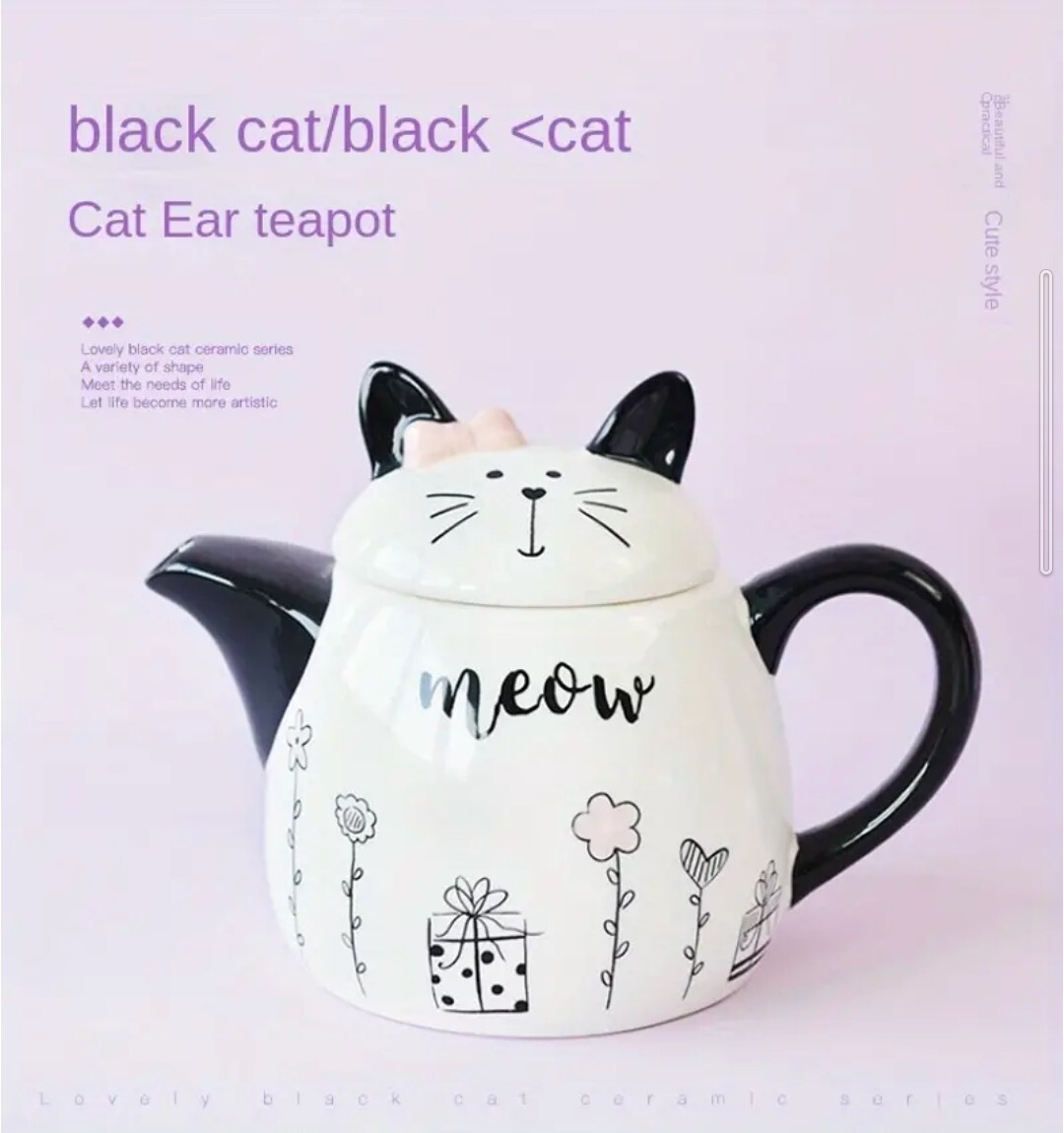 1000円OFF 猫のセラミックティーポット18オンス(532ml)　花柄アクセント付き愛らしい黒と白のキティデザイン　耐久性のある陶器製　ネコ