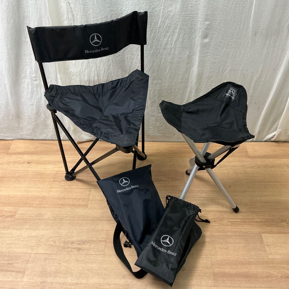 【A876】送無 未使用品 ベンツ オリジナル 折りたたみチェア 2点 パイプ椅子 アウトドア 非売品 収納ポーチ