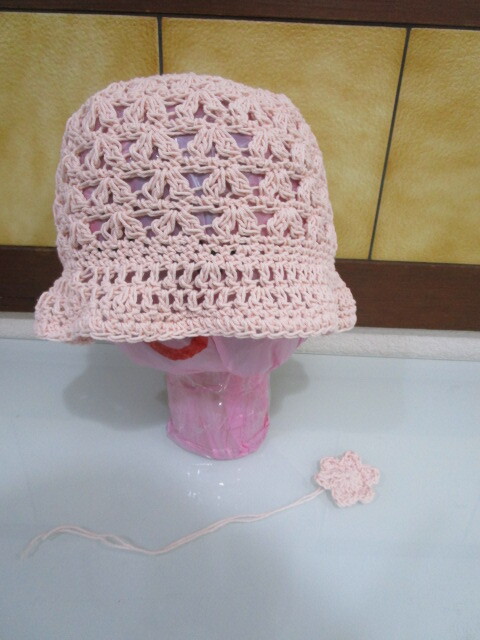帽子 手作り バケットハット 手編み ハット ハンドメイド ニット帽 コサージュ コットン 日よけ 編み物 完成品 春 夏 ピンク 12