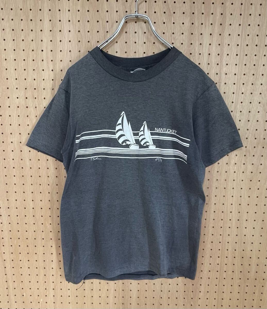 Hanes 80s Nantucket スーベニアTシャツ 83年製 ヨットプリント フェード ビンテージ シングルステッチ ブラック