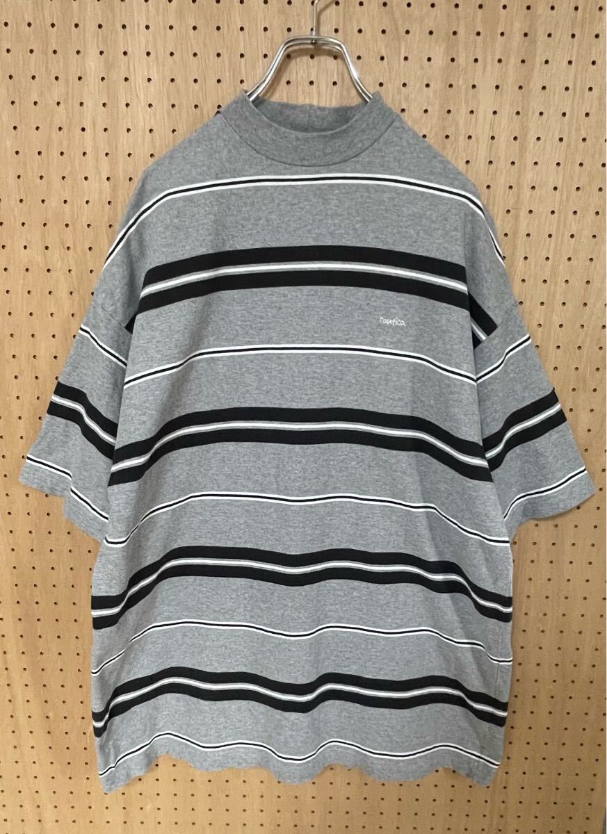NAUTICA Multi Border High Neck Tee ノーティカ マルチボーダーハイネックTシャツ 半袖 グレー オーバーサイズ モックネック