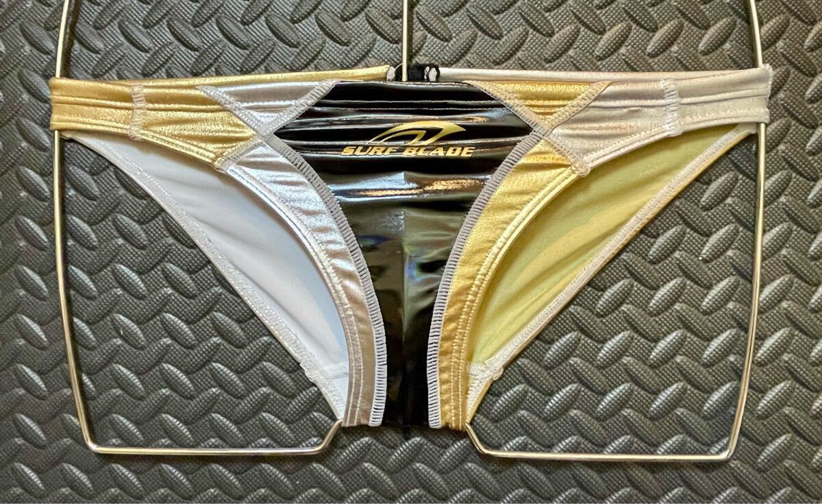 SURFBLADE 競パン Mサイズ 黒金銀 エナメル生地 バックファスナー ポロパン 伸縮 光沢 日焼け 露出 ピッチリ クッキリ SURF BLADE A-SURF 