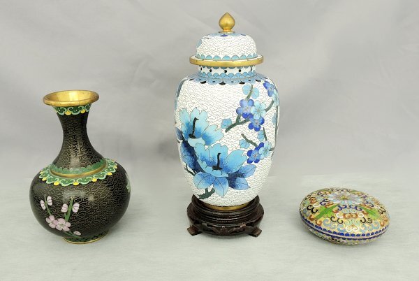 七宝 3点まとめて 真鍮 花瓶15.5cm 蓋付小壺20cm 香合4cm 中古