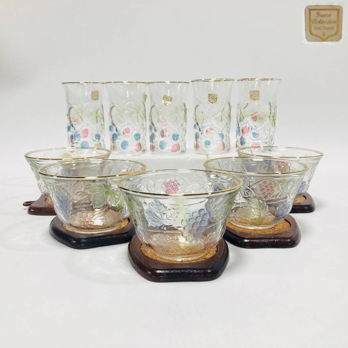 【63047C】未使用 COLOUR Grape GLASSWARE グレープ 冷茶 タンブラー コースター5客 計15点セット 現状品 経年保管品