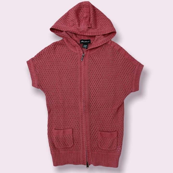 90's★希少★黒タグ Eddie Bauer エディーバウアー レディース メッシュ リネン混 半袖 ニット パーカー レッド Sサイズ 麻 ヴィンテージ