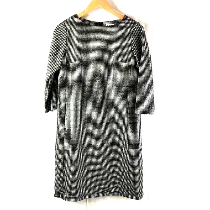 スキャパ SCAPA ワンピース 長袖 バックファスナー 千鳥柄 裏地付き 日本製 黒系 38サイズ 956268